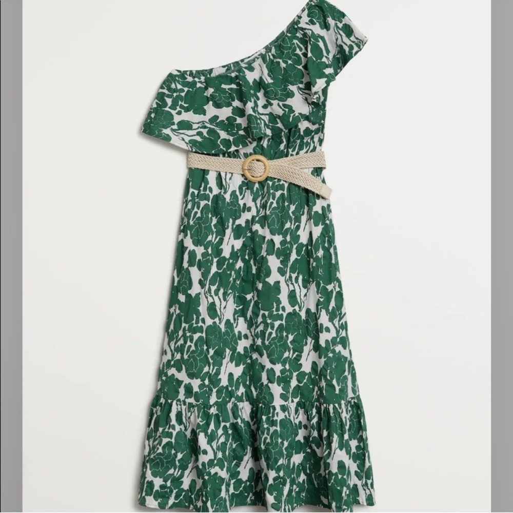 Mango One-Shoulder Green Leaf Dress - Picture 3 of 5